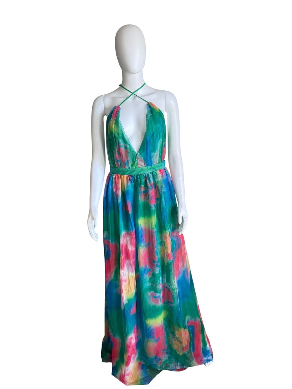 Colorful Watercolor Halter Maxi Dress Sleeveless Plunge Neck